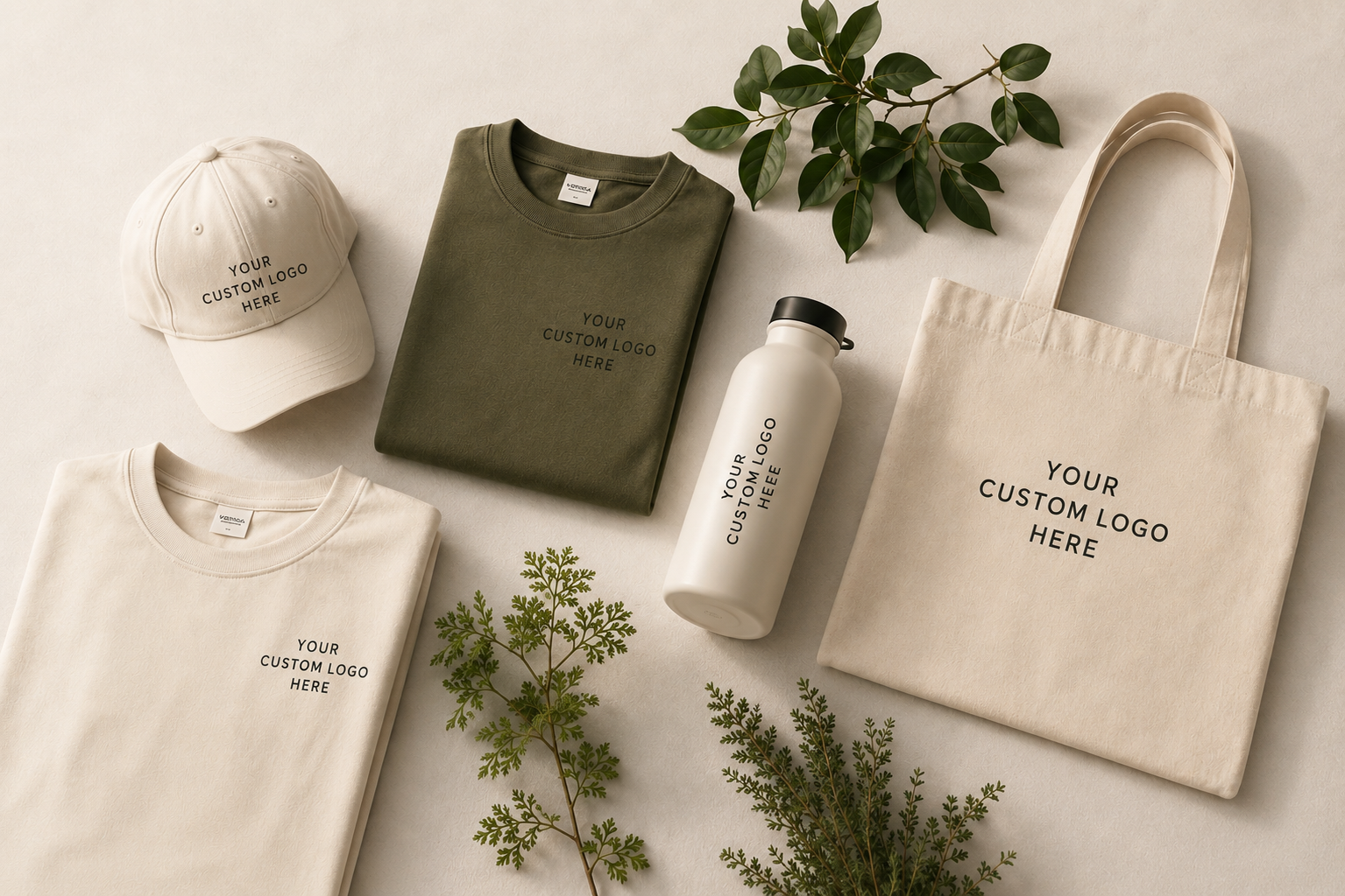 Flat-lay of made-to-order branded merchandise: cap, tees, water bottle, and tote