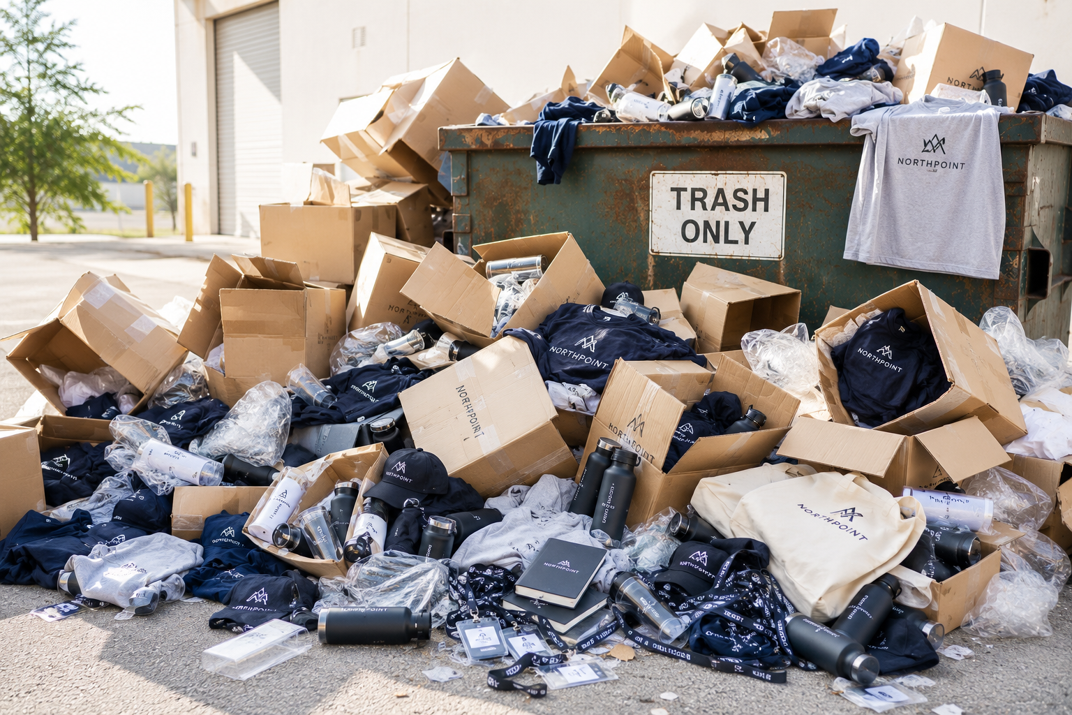 Dumpster overflowing with discarded branded corporate merchandise