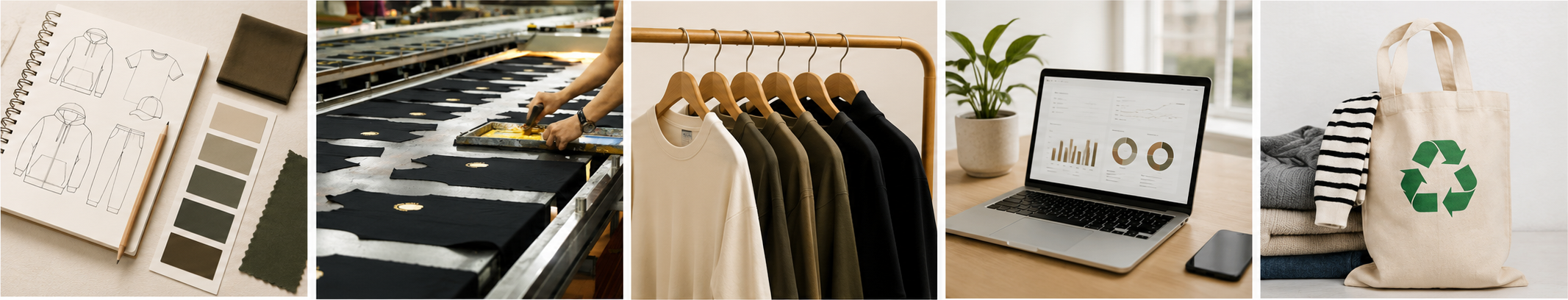 Five-step process: design sketches, screen printing, finished garments, impact dashboard, recycled tote