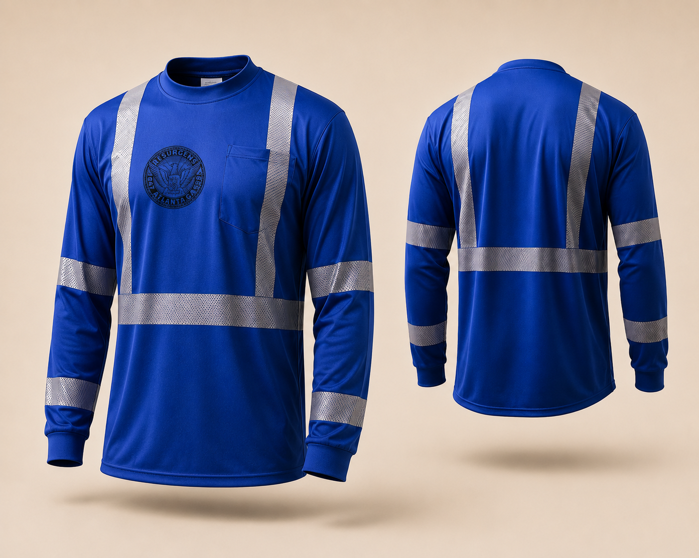 Royal blue high-visibility long-sleeve uniform, front and back, with reflective striping