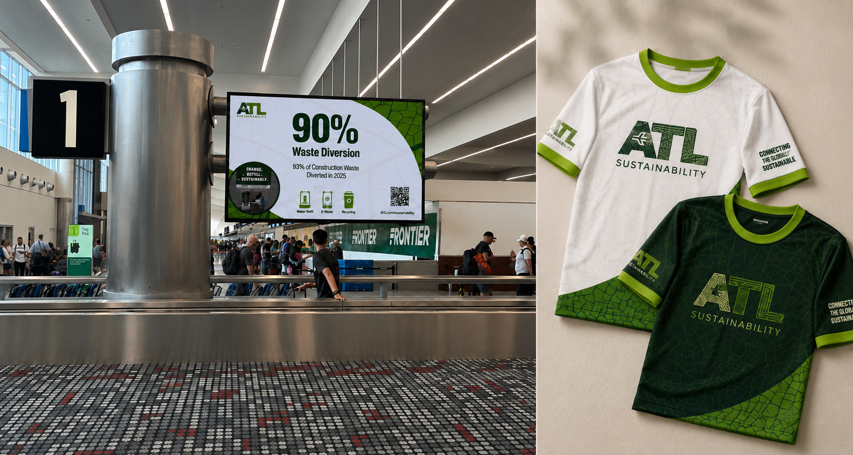 ATL Sustainability campaign live on baggage-claim signage beside the jersey capsule